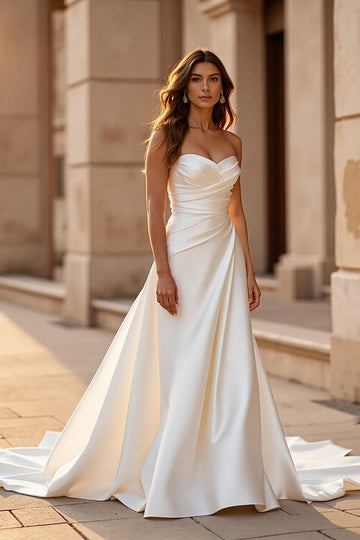 Court Train Satin A Line Sweetheart Ivory Wedding Dress